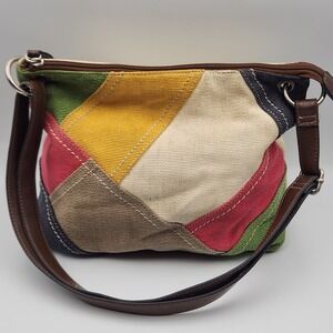 Relic by Fossil Patchwork Canvas Crossbody Bag Multicolor w/ Brown Leather‎ Trim